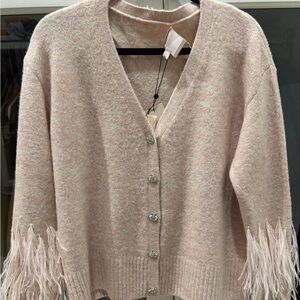 Cinq à Sept Pink Cardigan with Feather Trim